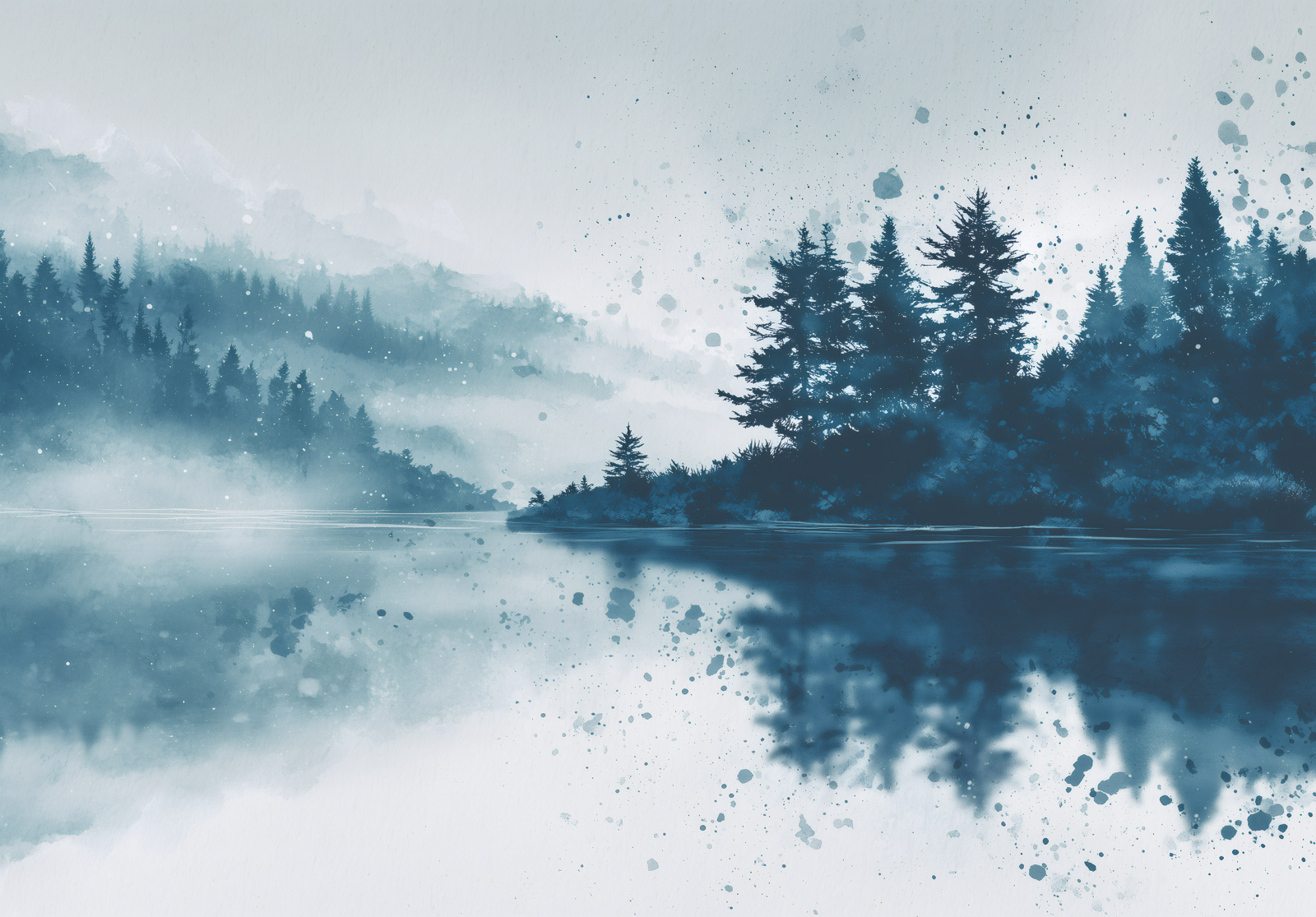 Фототапет Мъглива гора над езеро – акварелна атмосфера и дълбоко спокойствие